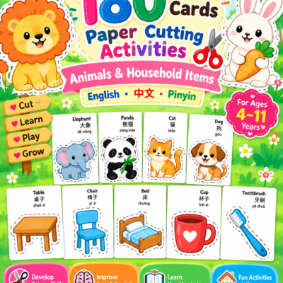 แบบฝึกตัดกระดาษ 180 แบบ ประเภทของสัตว์ + ของใช้ภายในบ้าน พร้อมคำศัพท์ 3 ภาษา | Printable PDF