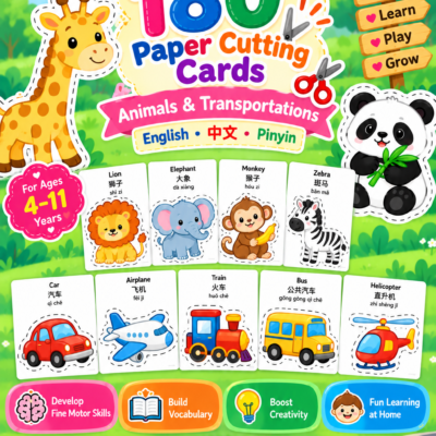 แบบฝึกตัดกระดาษ 180 แบบ ประเภทของสัตว์ + ยานพาหนะ พร้อมคำศัพท์ 3 ภาษา | Printable PDF
