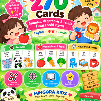 แบบฝึกตัดกระดาษ 270 แบบ ประเภทของสัตว์ + ผักผลไม้ + ของใช้ภายในบ้าน พร้อมคำศัพท์ 3 ภาษา | Printable PDF