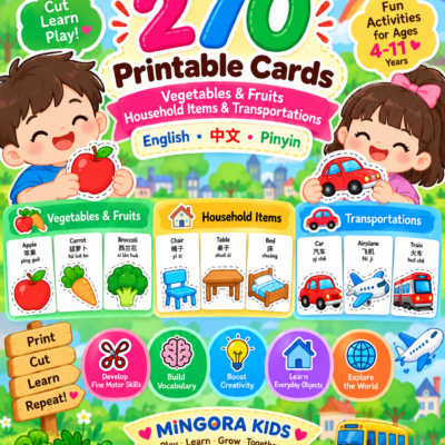 แบบฝึกตัดกระดาษ 270 แบบ ประเภทของผักผลไม้ + ของใช้ภายในบ้าน + ยานพาหนะ พร้อมคำศัพท์ 3 ภาษา | Printable PDF