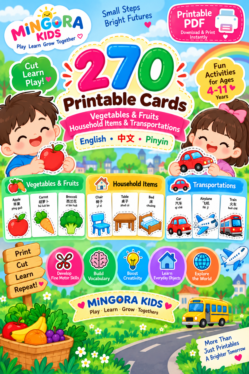 แบบฝึกตัดกระดาษ 270 แบบ ประเภทของผักผลไม้ + ของใช้ภายในบ้าน + ยานพาหนะ พร้อมคำศัพท์ 3 ภาษา | Printable PDF